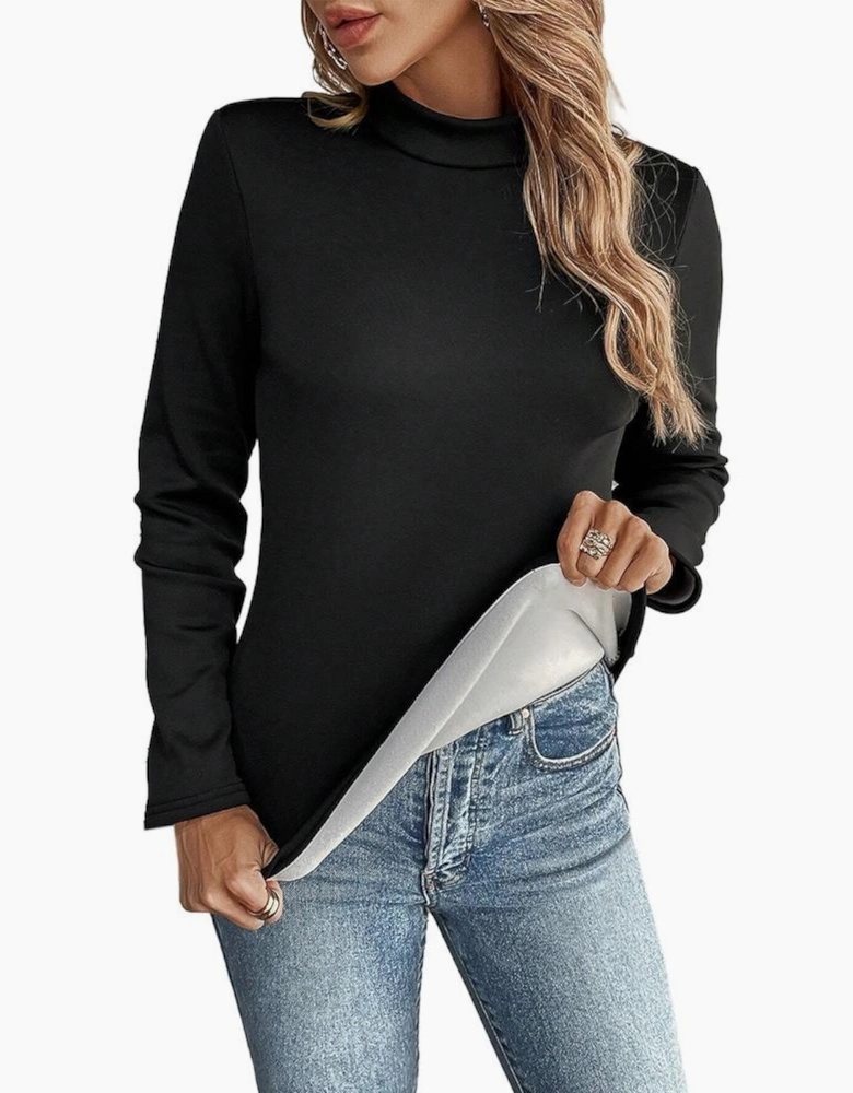 Black Mock Neck Thermal Lined Long Sleeve Tee