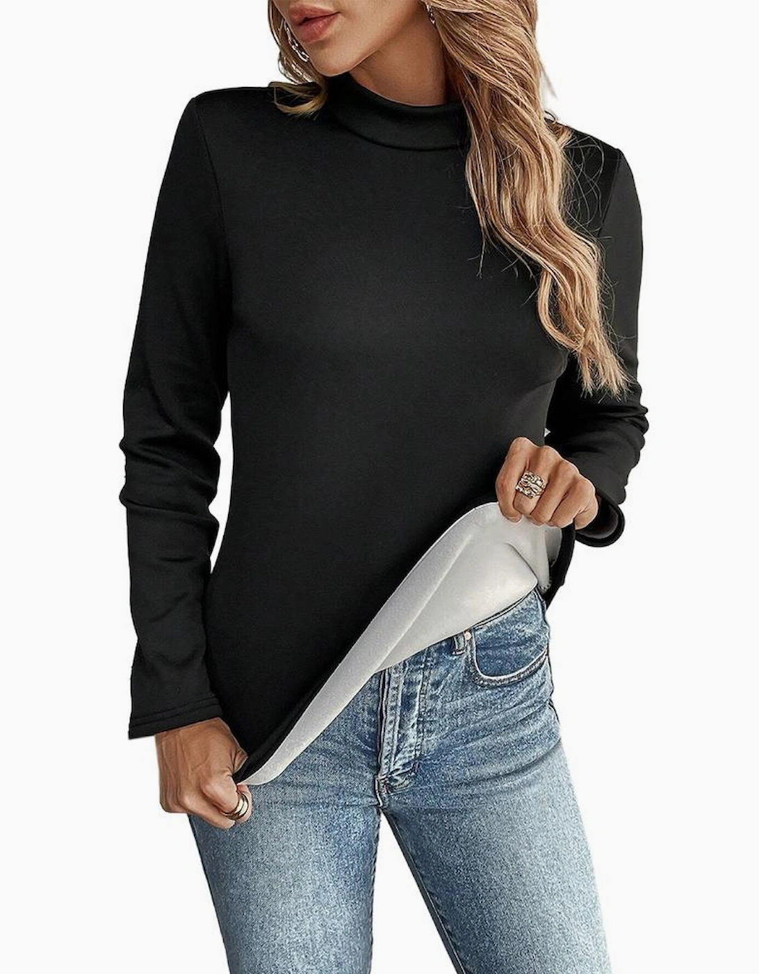 Black Mock Neck Thermal Lined Long Sleeve Tee
