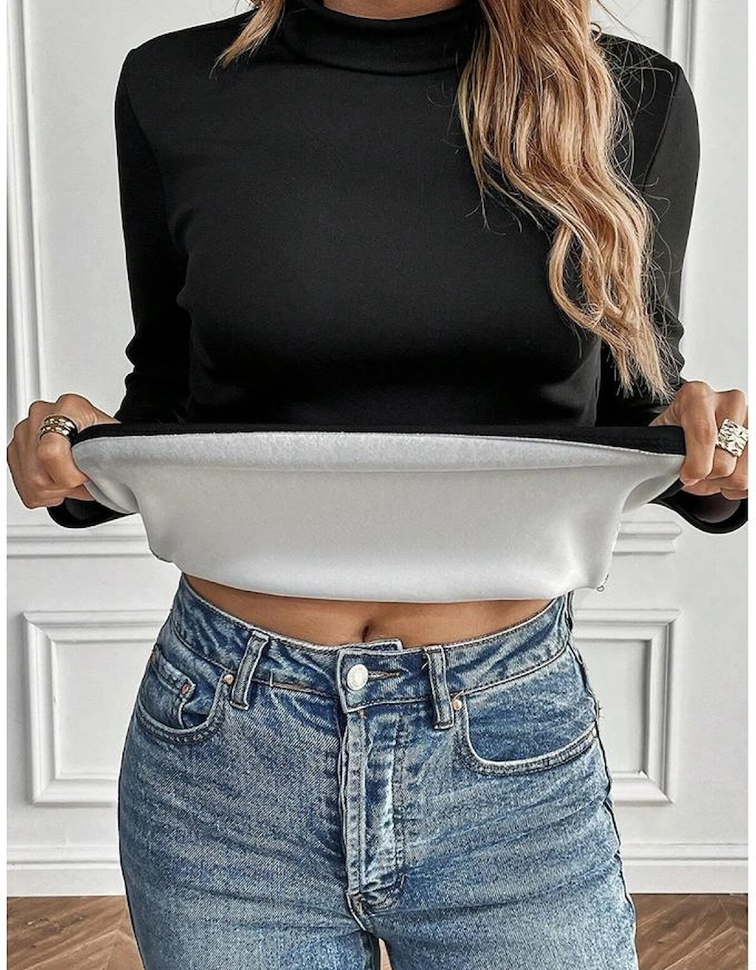 Black Mock Neck Thermal Lined Long Sleeve Tee