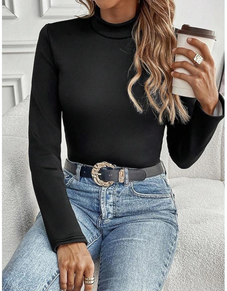 Black Mock Neck Thermal Lined Long Sleeve Tee