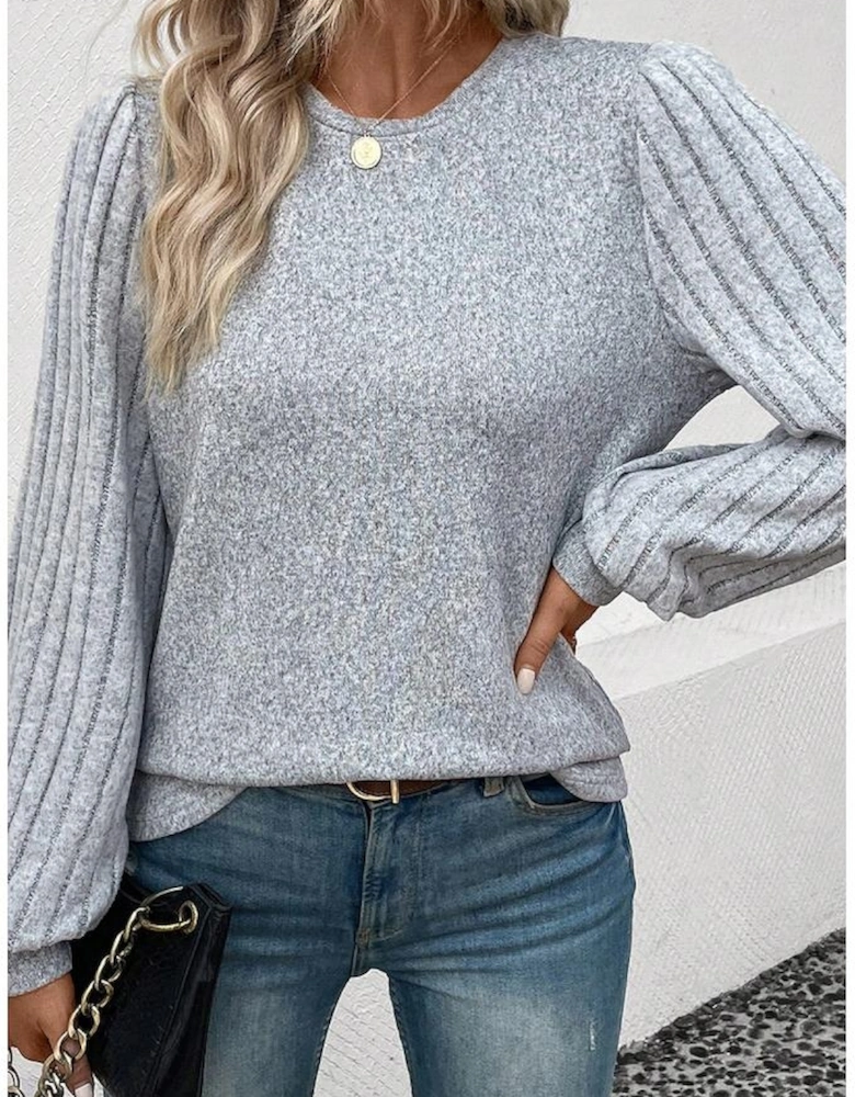 Gray Contrast Ribbed Bishop Sleeve Top