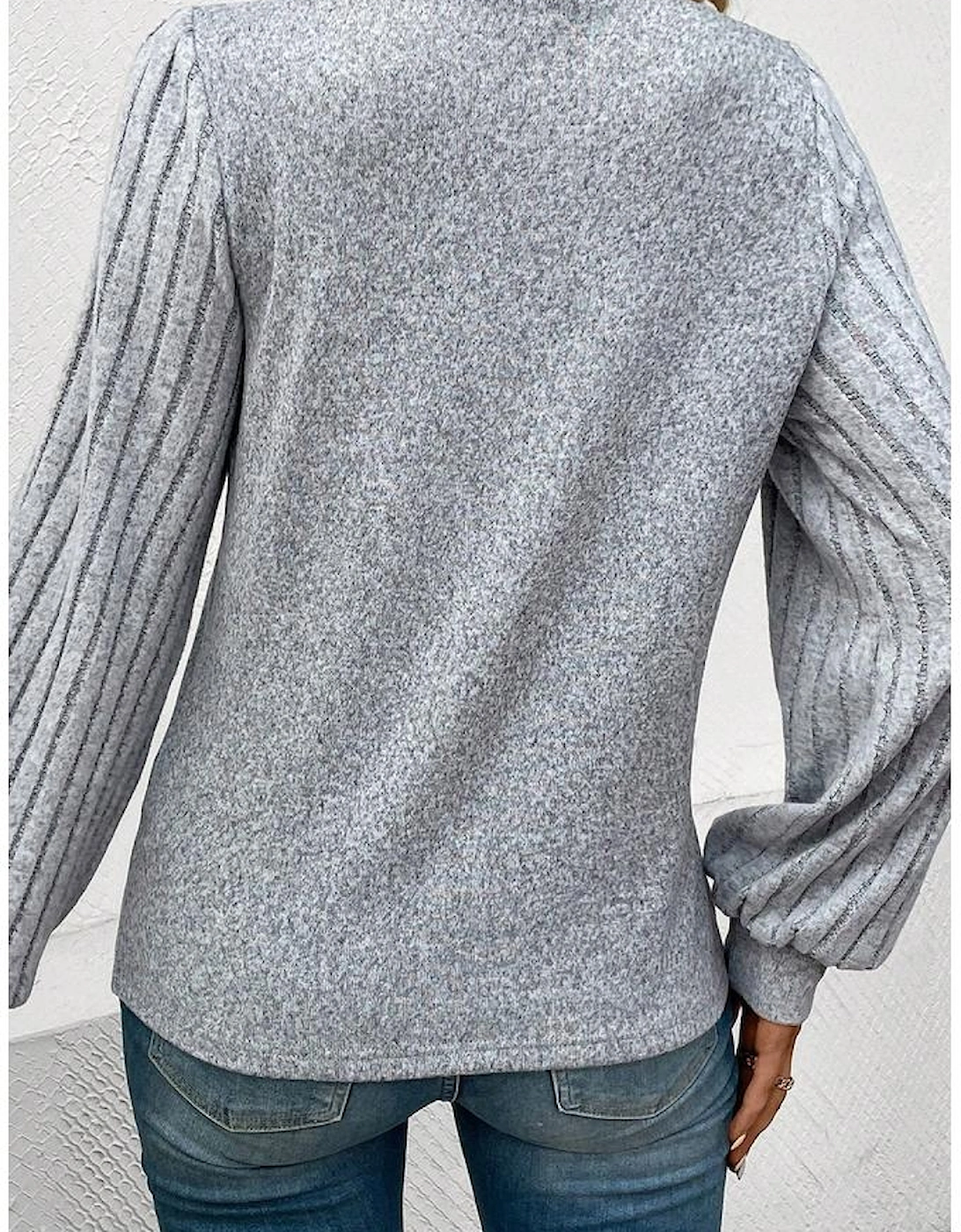 Gray Contrast Ribbed Bishop Sleeve Top