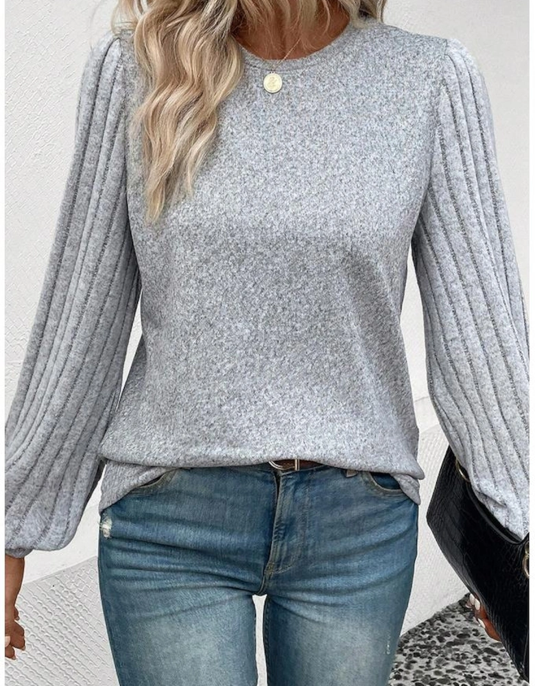 Gray Contrast Ribbed Bishop Sleeve Top