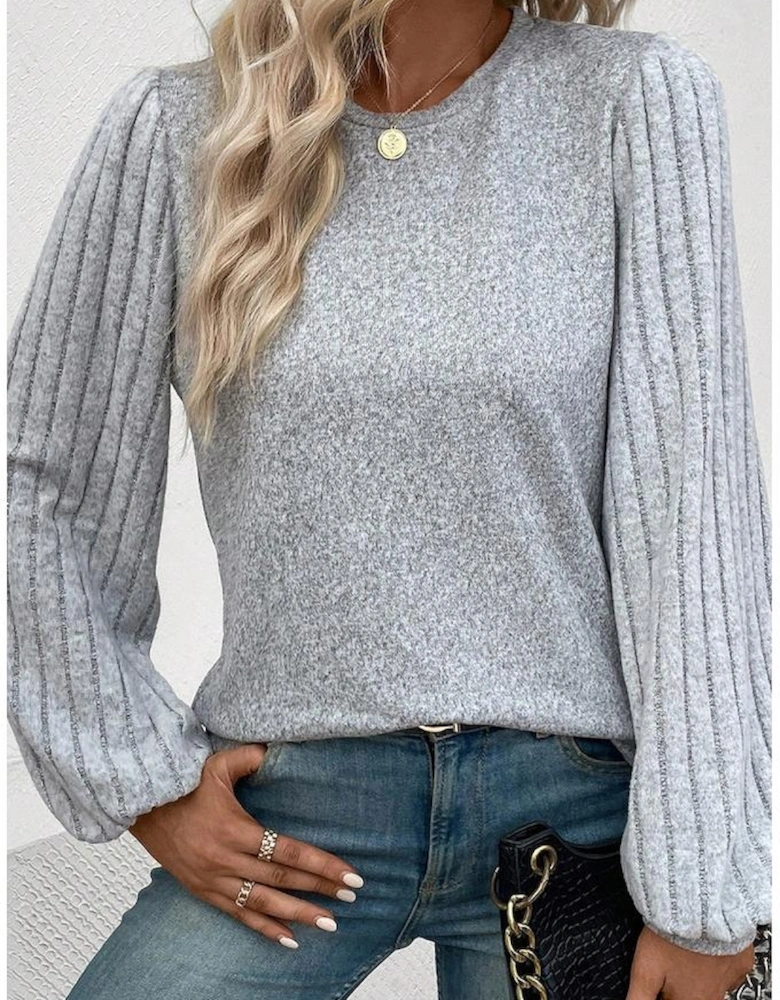 Gray Contrast Ribbed Bishop Sleeve Top