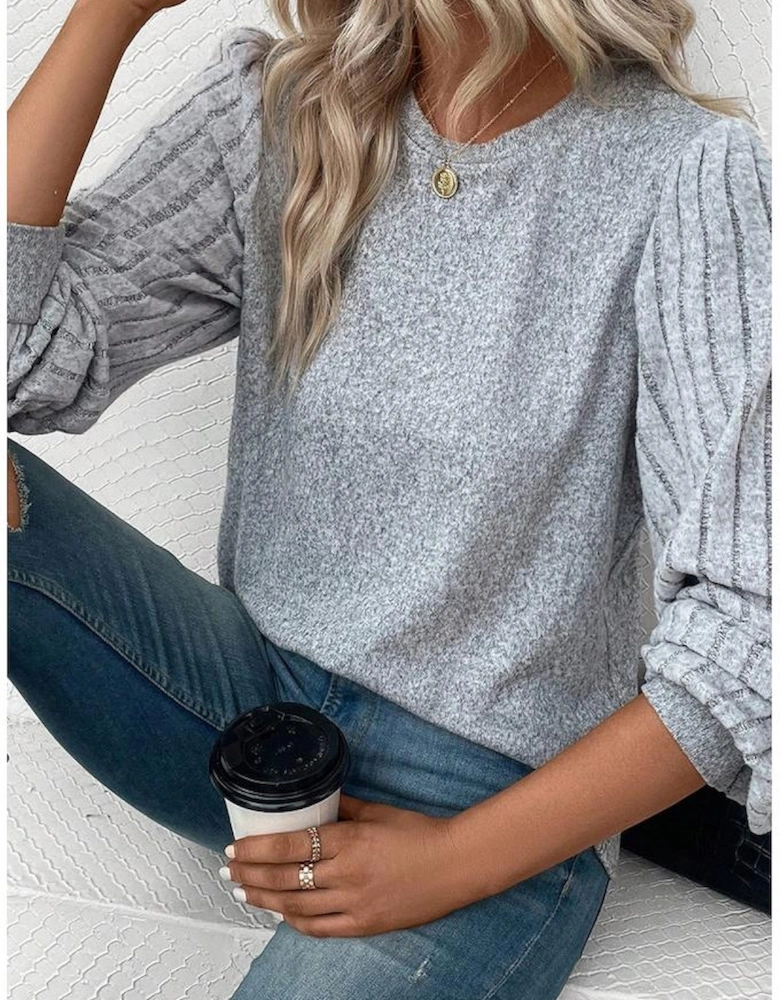 Gray Contrast Ribbed Bishop Sleeve Top
