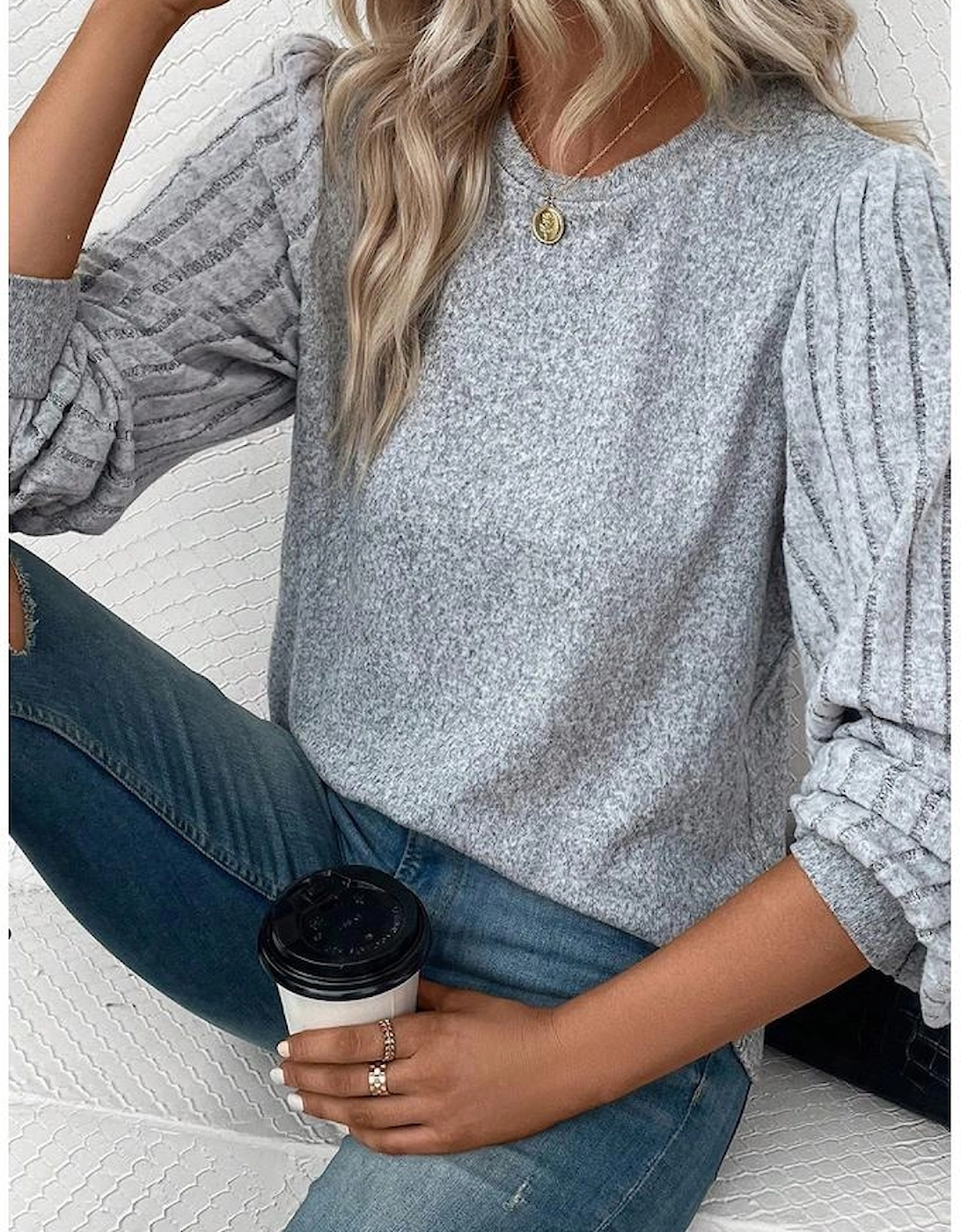 Gray Contrast Ribbed Bishop Sleeve Top