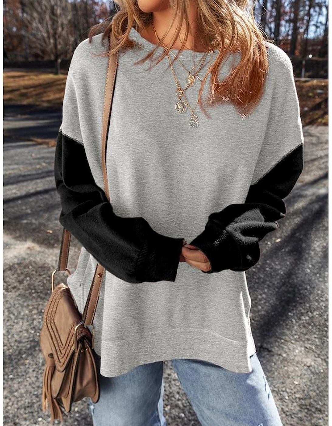 Gray Two Tone Patchwork Drop Shoulder Pullover Sweatshirt