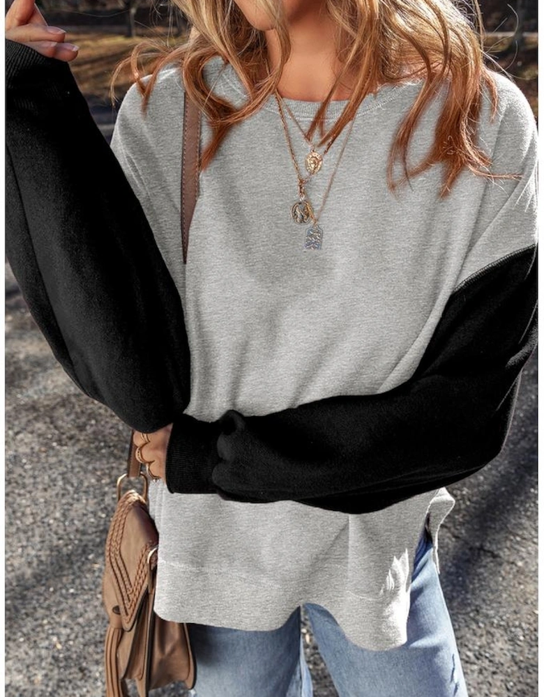 Gray Two Tone Patchwork Drop Shoulder Pullover Sweatshirt