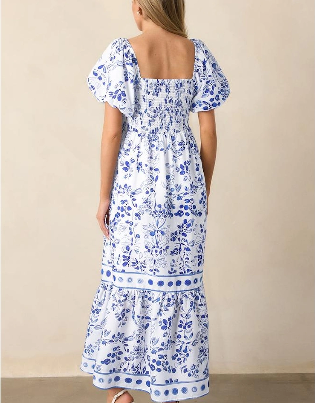Sky Blue Floral Print Square Neck Bubble Sleeve High Waist Maxi Dress, 12 of 11