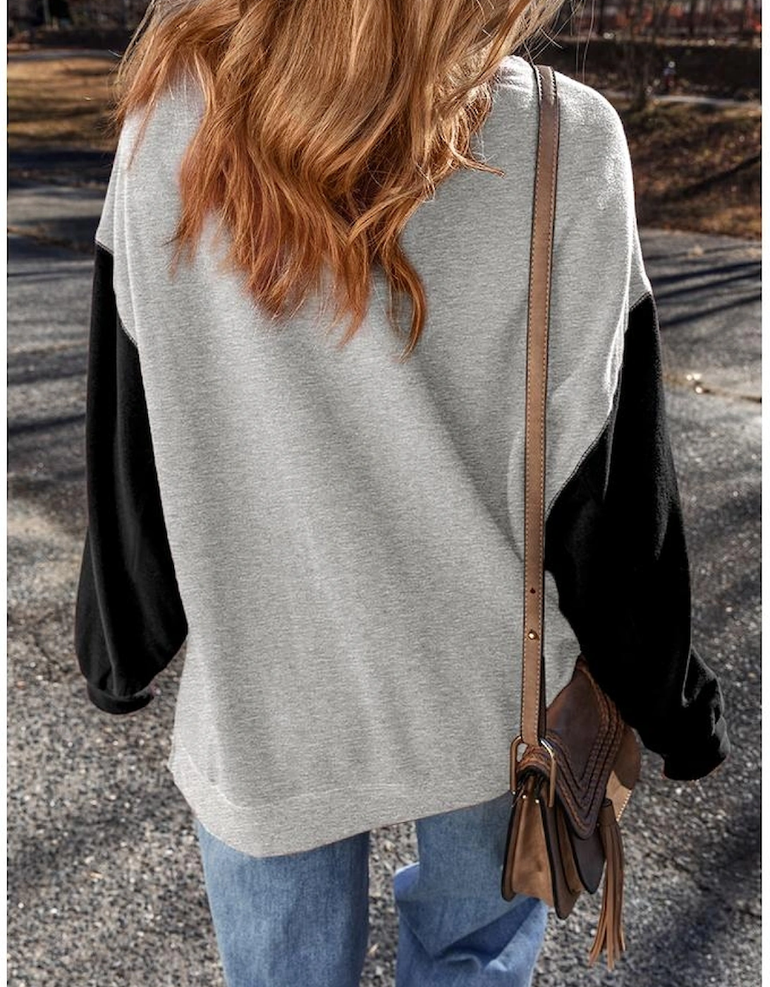Gray Two Tone Patchwork Drop Shoulder Pullover Sweatshirt