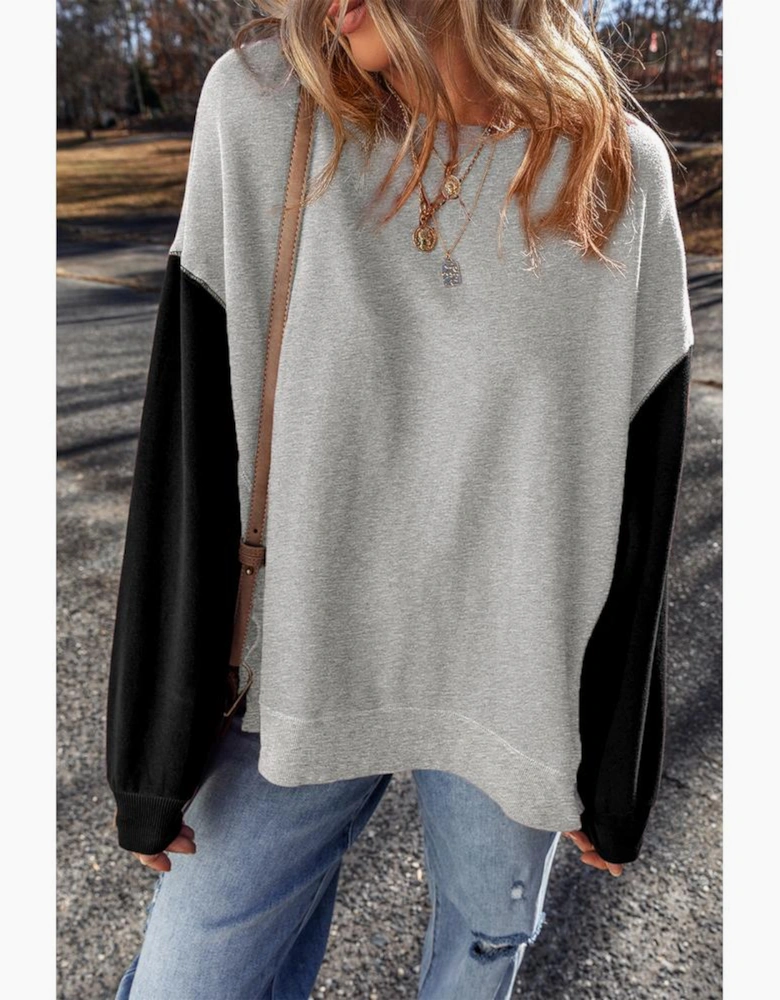 Gray Two Tone Patchwork Drop Shoulder Pullover Sweatshirt