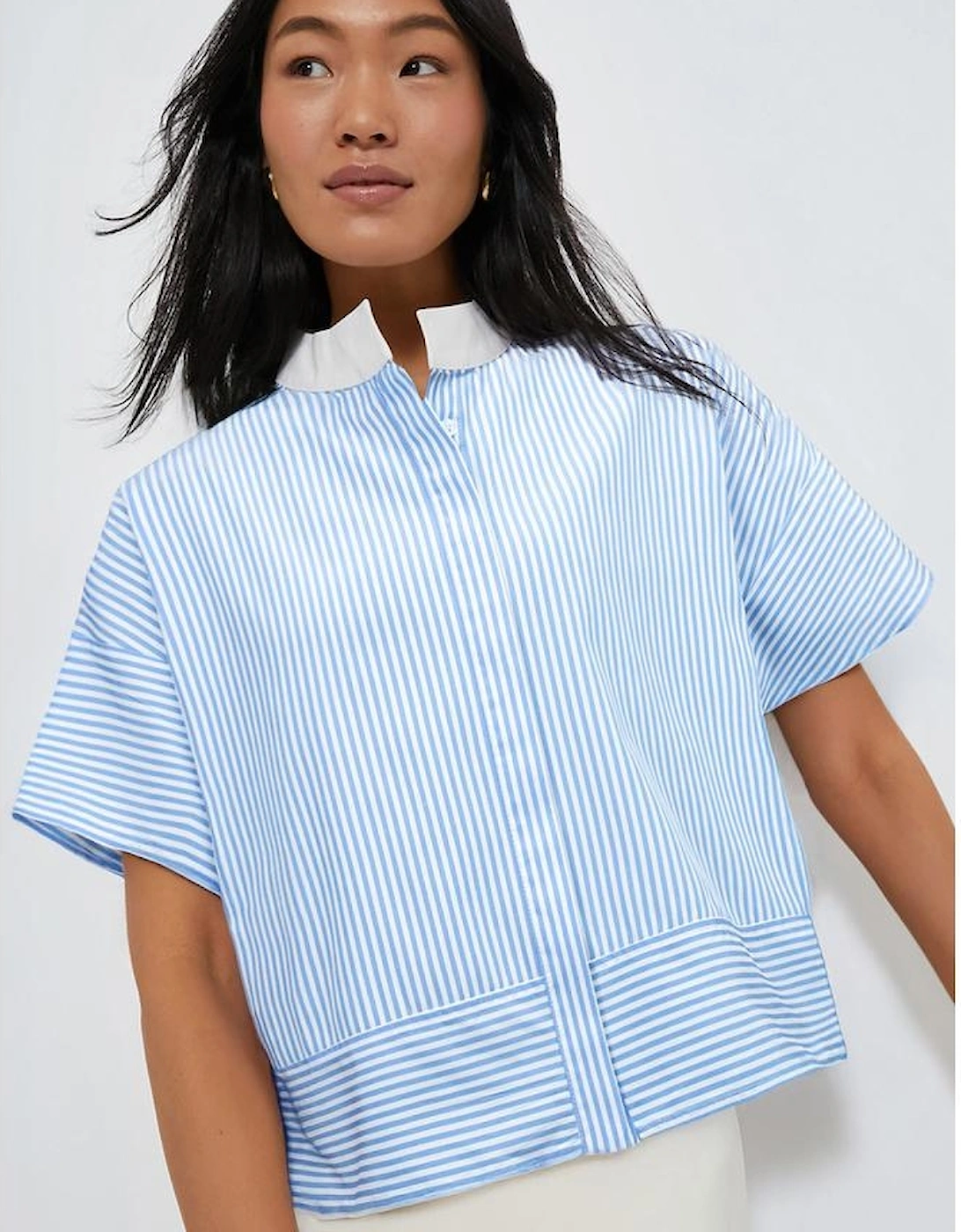 Sky Blue Stripe Contrast Collar Patchwork Hidden Button Short Sleeve Summer Shirt