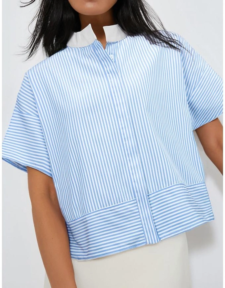 Sky Blue Stripe Contrast Collar Patchwork Hidden Button Short Sleeve Summer Shirt