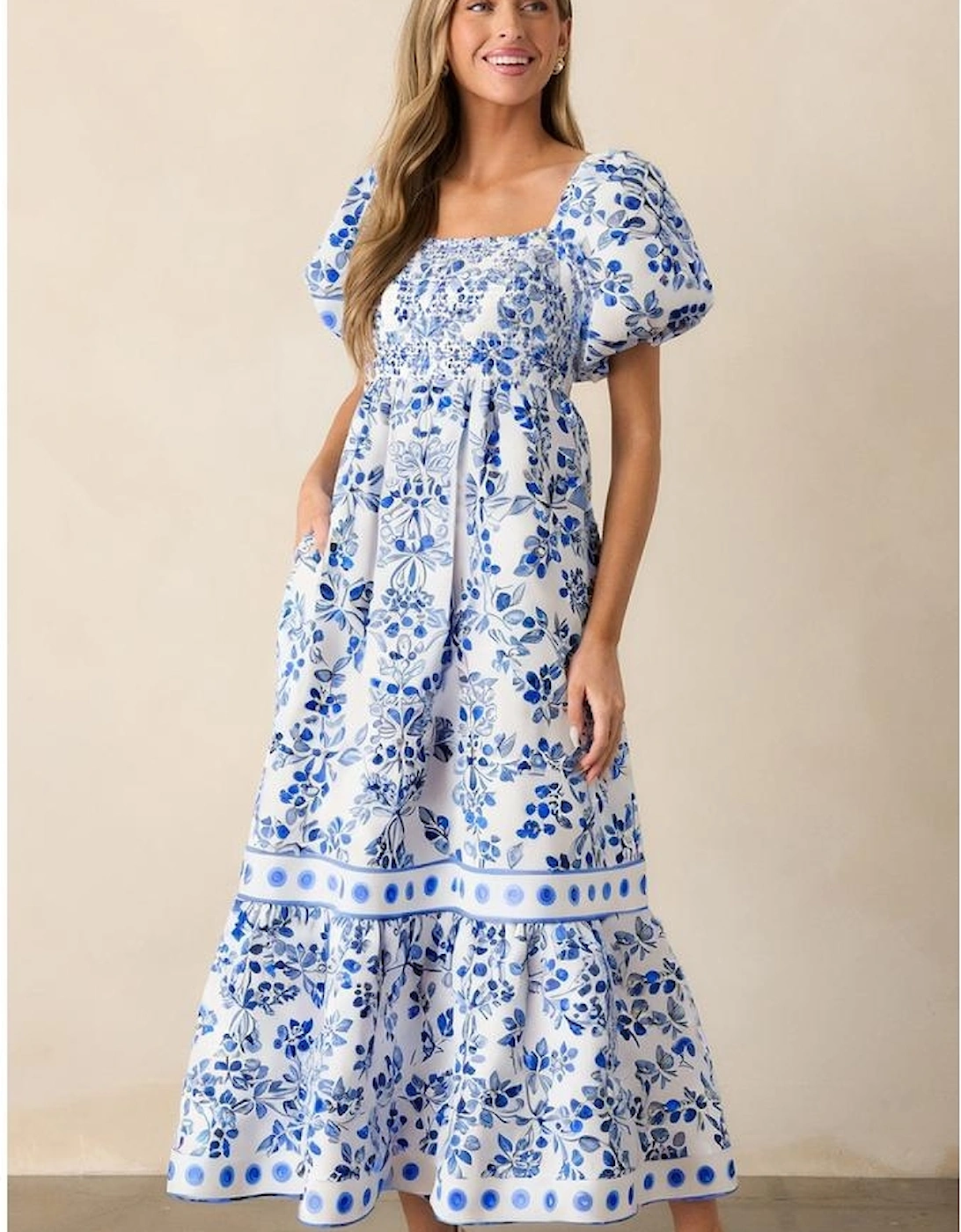 Sky Blue Floral Print Square Neck Bubble Sleeve High Waist Maxi Dress