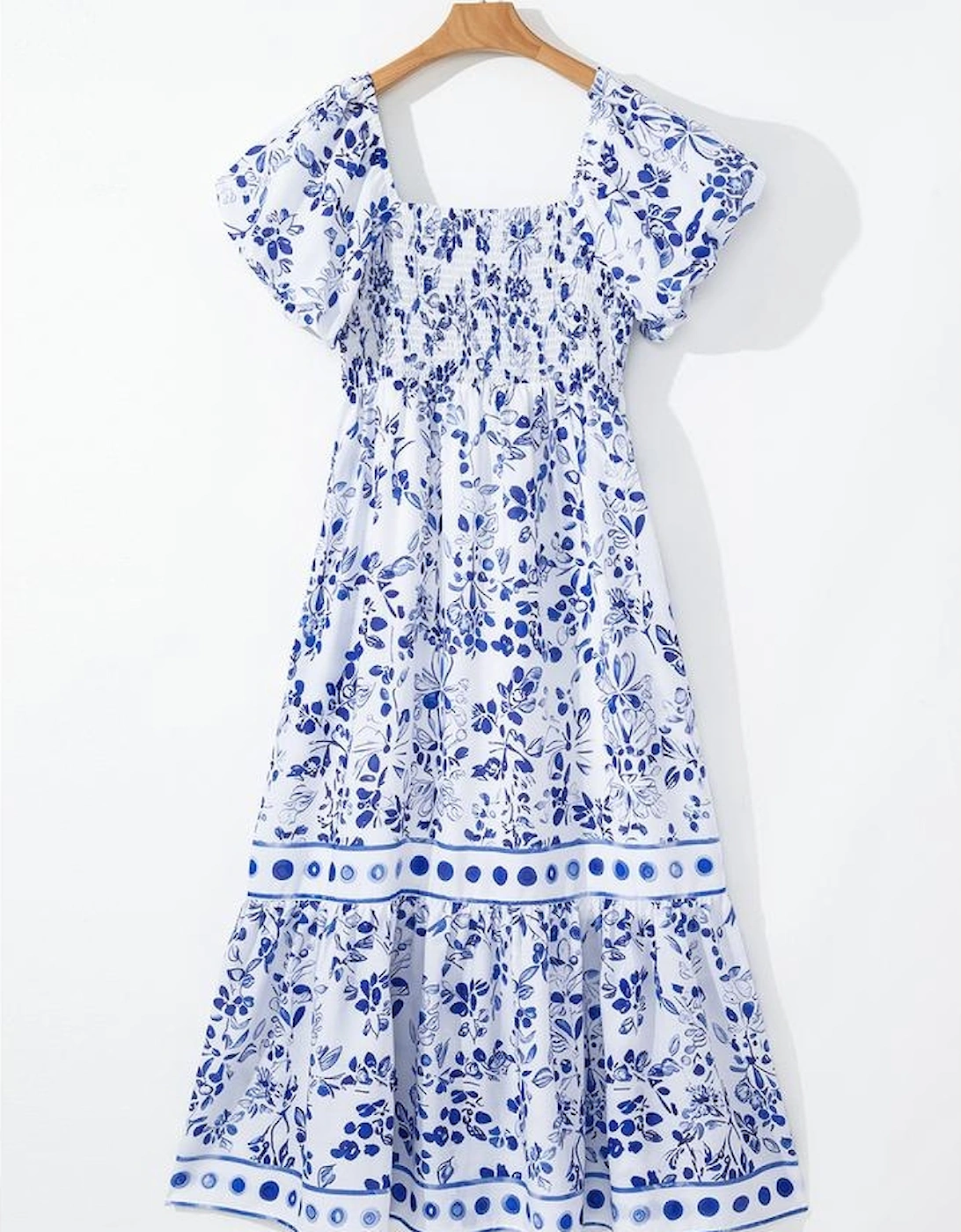 Sky Blue Floral Print Square Neck Bubble Sleeve High Waist Maxi Dress