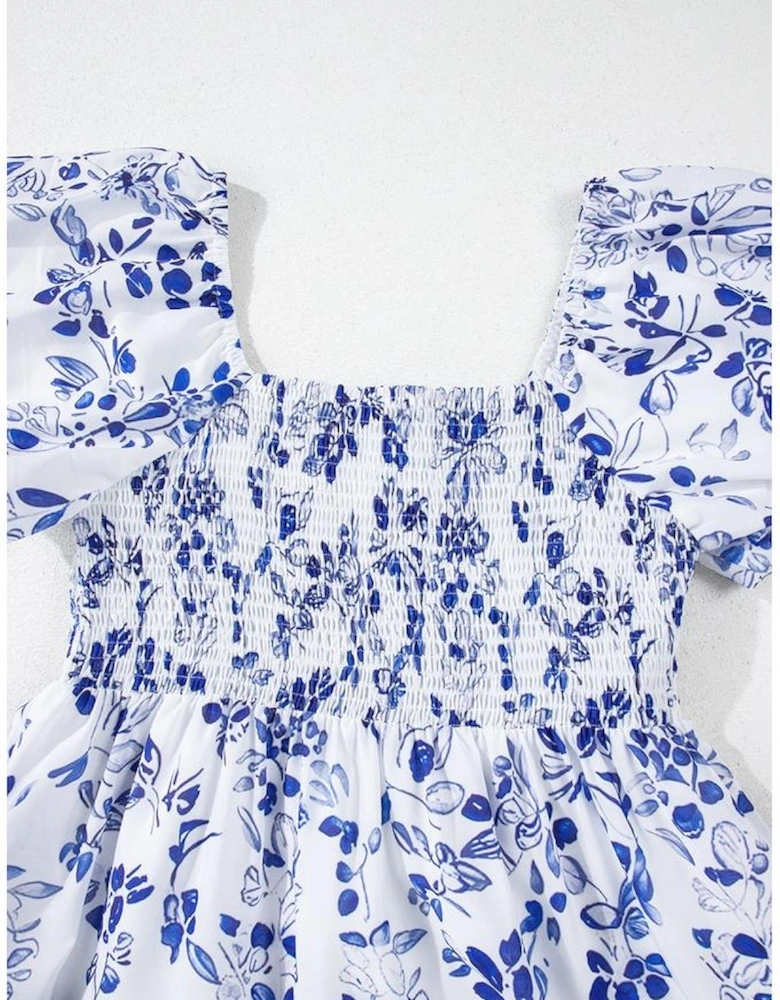 Sky Blue Floral Print Square Neck Bubble Sleeve High Waist Maxi Dress