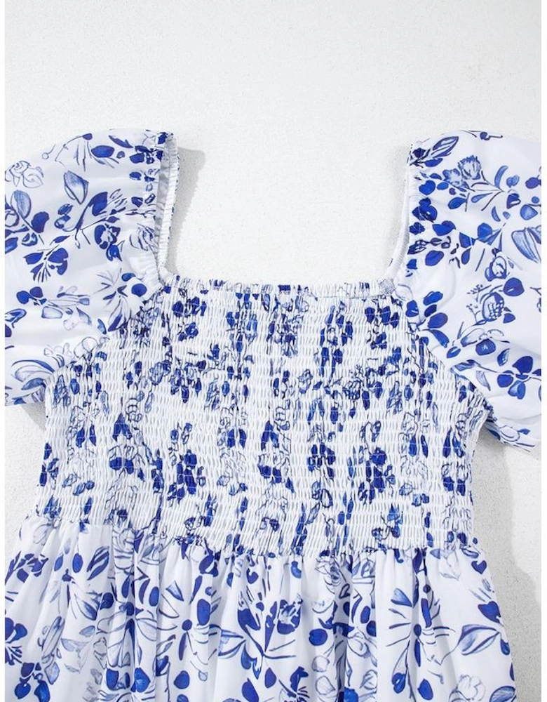 Sky Blue Floral Print Square Neck Bubble Sleeve High Waist Maxi Dress