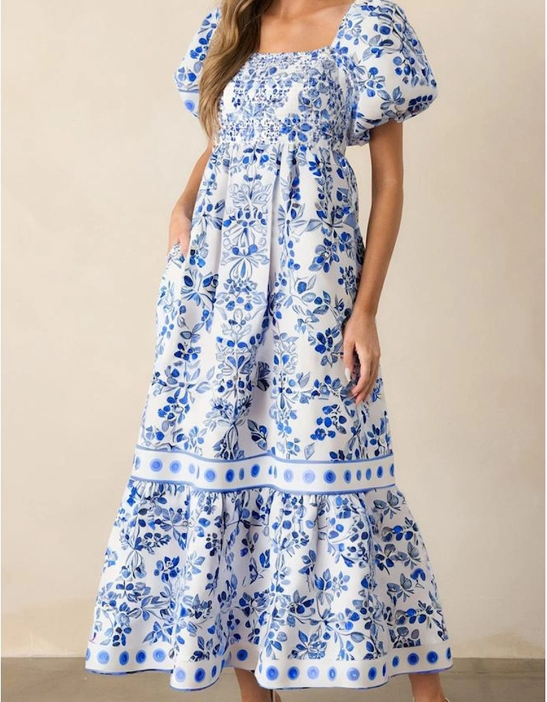 Sky Blue Floral Print Square Neck Bubble Sleeve High Waist Maxi Dress