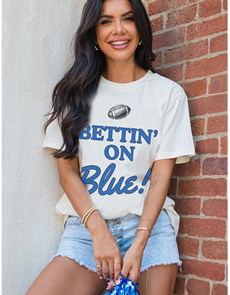 White Rugby Football BETTIN ON Blue Graphic Crewneck T Shirt