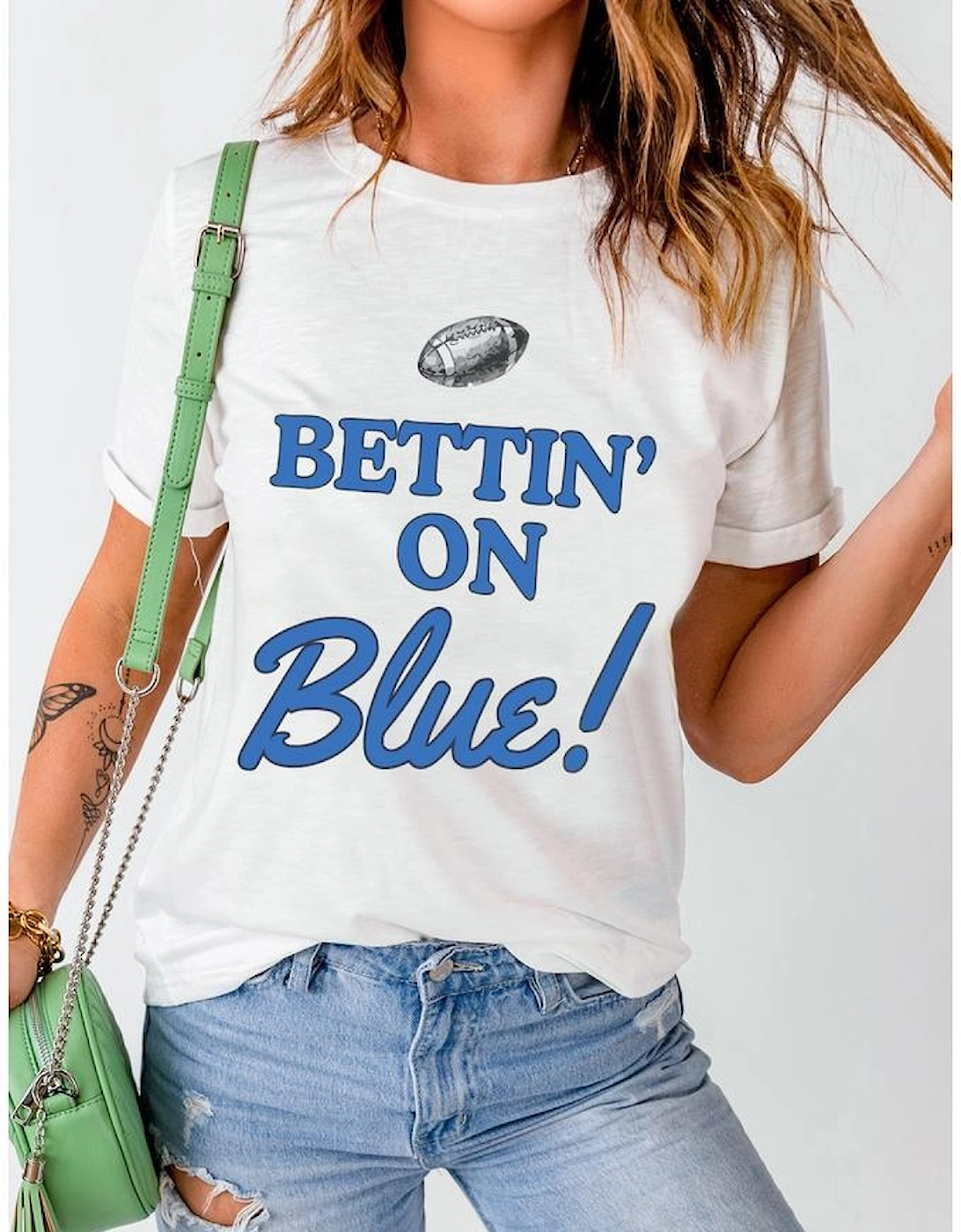 White Rugby Football BETTIN ON Blue Graphic Crewneck T Shirt