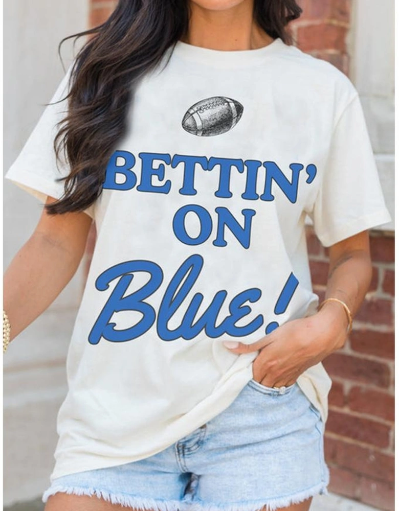 White Rugby Football BETTIN ON Blue Graphic Crewneck T Shirt