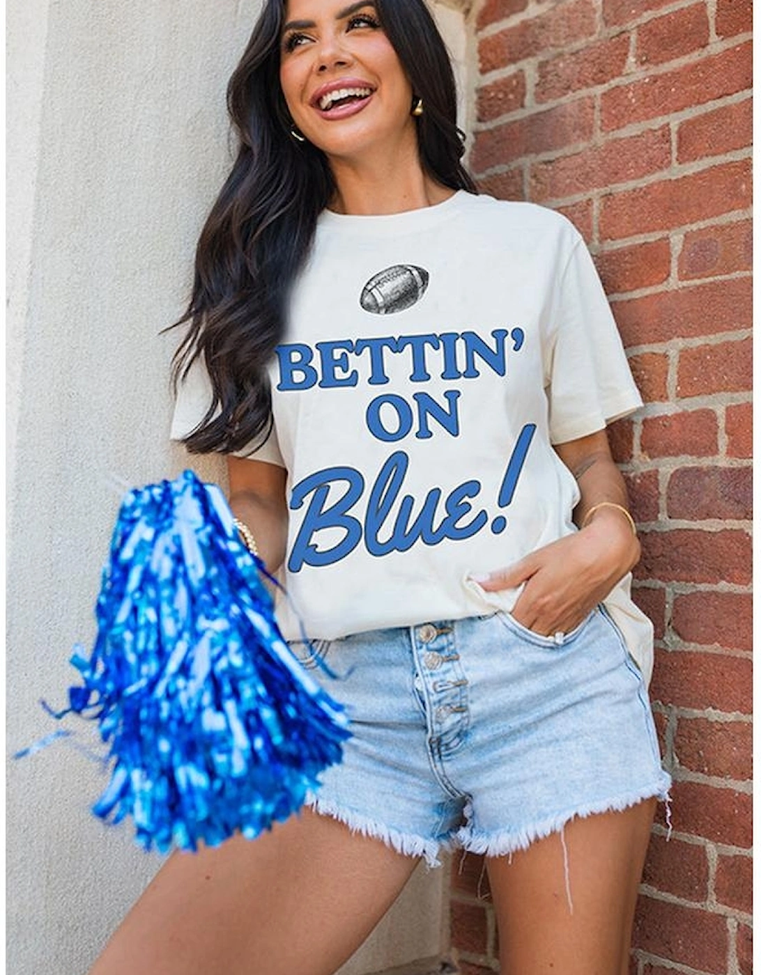White Rugby Football BETTIN ON Blue Graphic Crewneck T Shirt