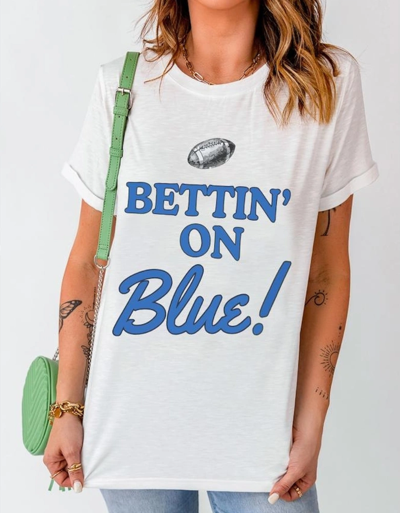 White Rugby Football BETTIN ON Blue Graphic Crewneck T Shirt