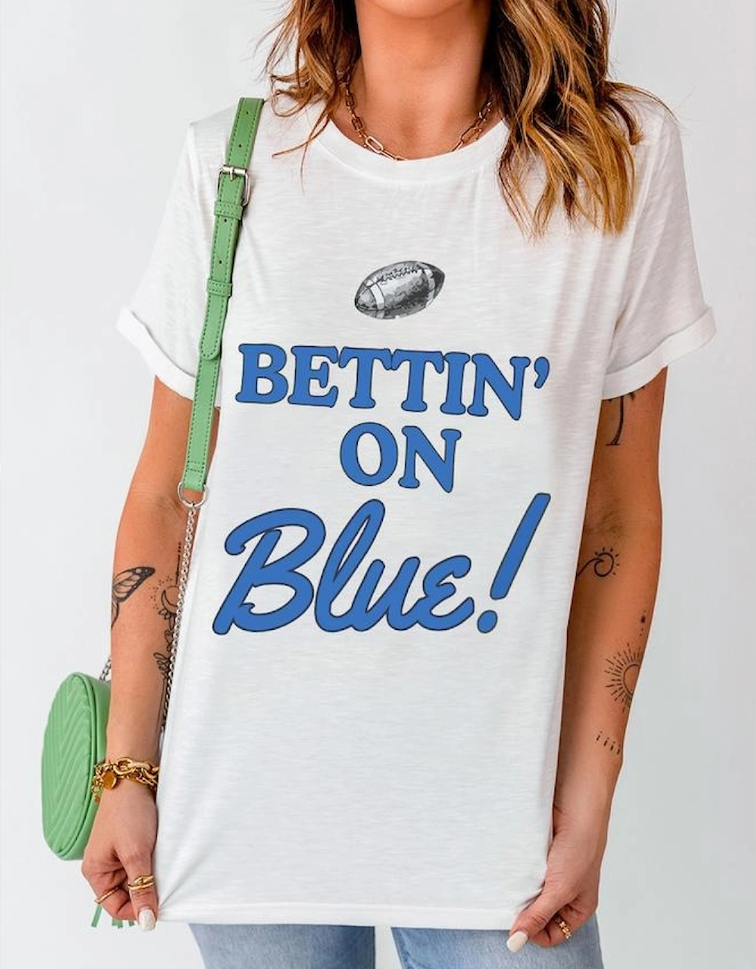 White Rugby Football BETTIN ON Blue Graphic Crewneck T Shirt