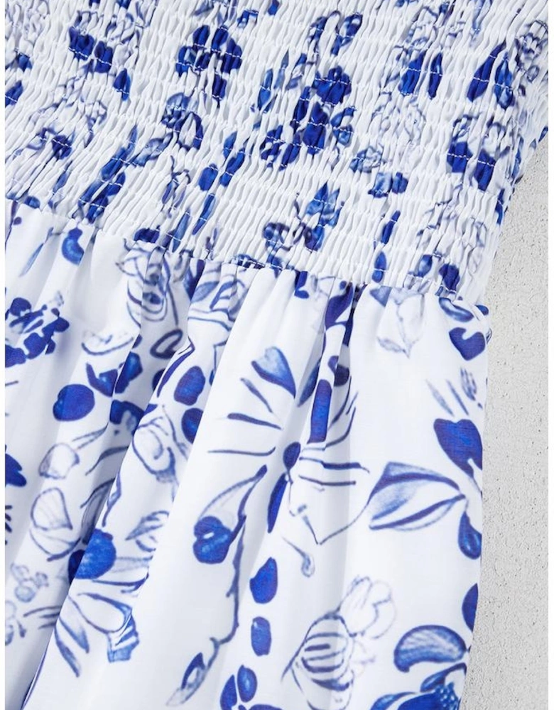 Sky Blue Floral Print Square Neck Bubble Sleeve High Waist Maxi Dress