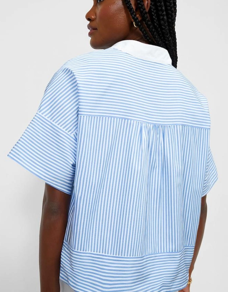 Sky Blue Stripe Contrast Collar Patchwork Hidden Button Short Sleeve Summer Shirt