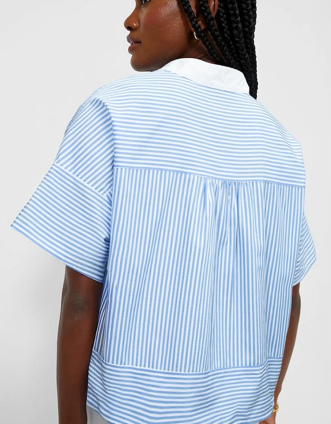 Sky Blue Stripe Contrast Collar Patchwork Hidden Button Short Sleeve Summer Shirt, 4 of 3