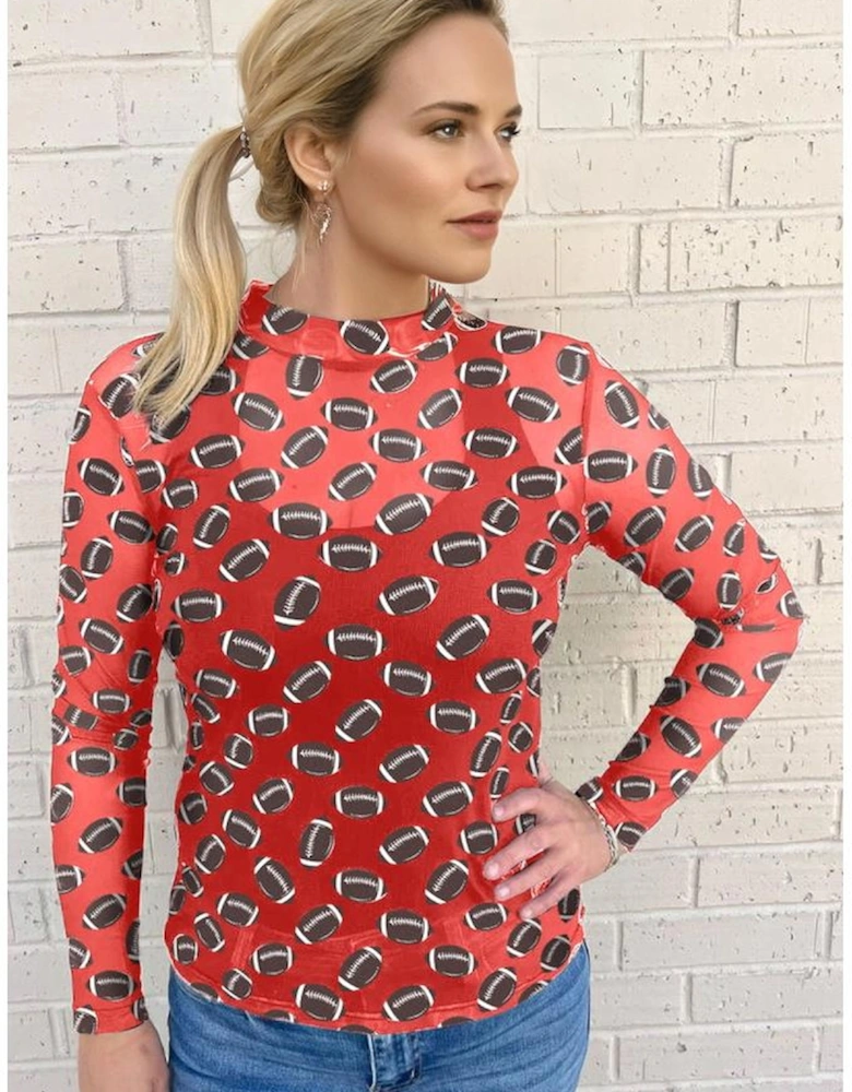 Red Game Day Rugby Mesh Sheer Long Sleeve Top