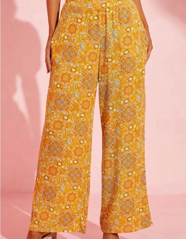 Yellow Bohemian Floral Print Pocketed Wide Leg Pants