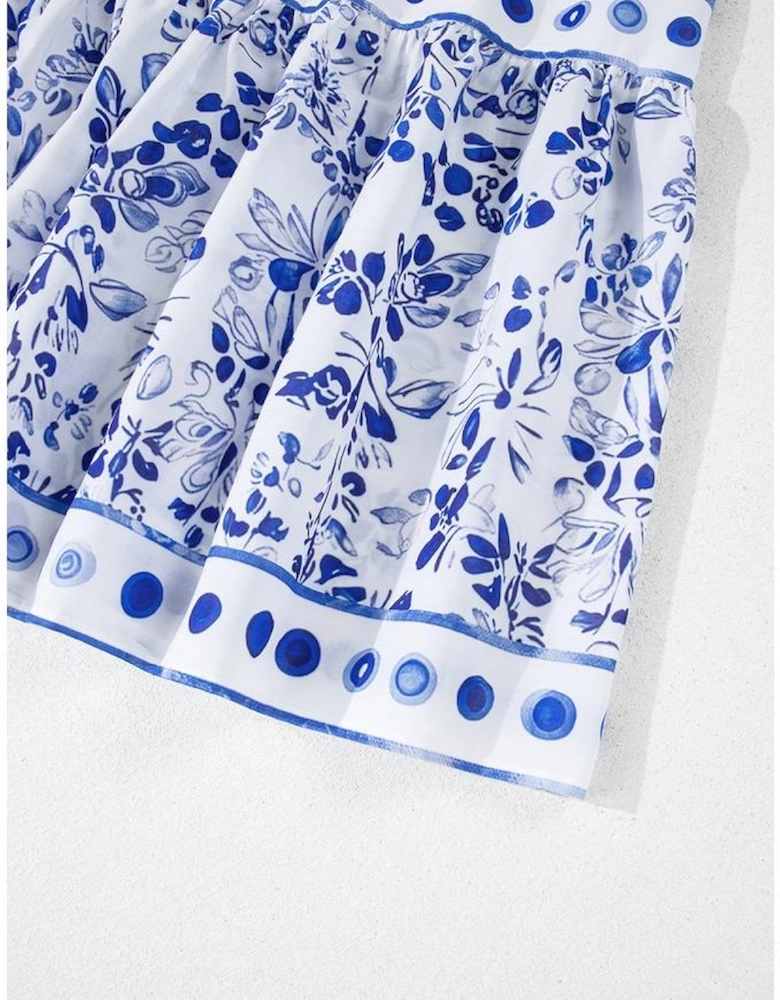 Sky Blue Floral Print Square Neck Bubble Sleeve High Waist Maxi Dress