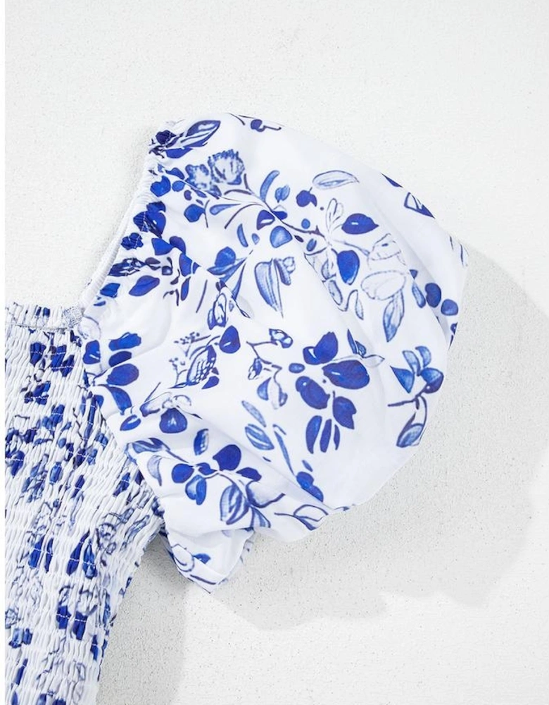 Sky Blue Floral Print Square Neck Bubble Sleeve High Waist Maxi Dress