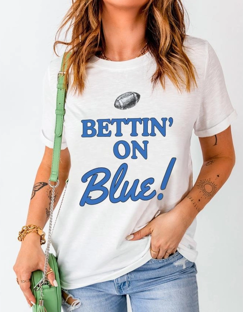 White Rugby Football BETTIN ON Blue Graphic Crewneck T Shirt