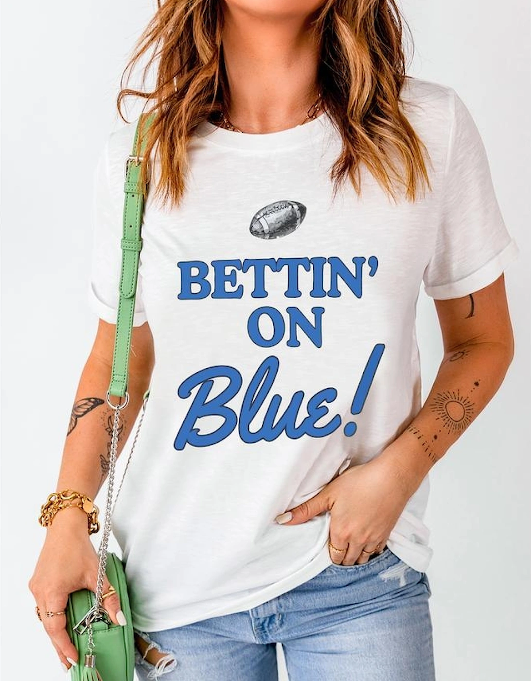 White Rugby Football BETTIN ON Blue Graphic Crewneck T Shirt