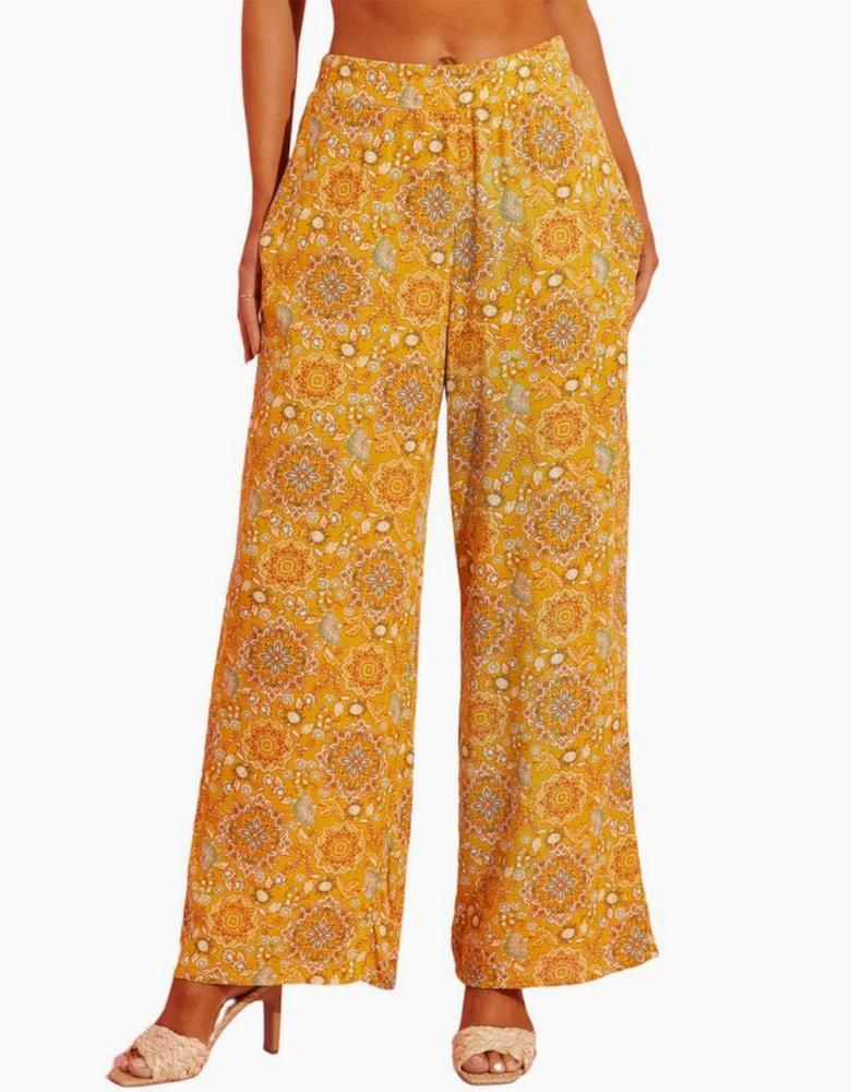 Yellow Bohemian Floral Print Pocketed Wide Leg Pants