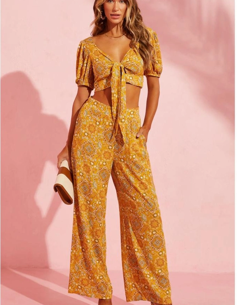 Yellow Bohemian Floral Print Pocketed Wide Leg Pants