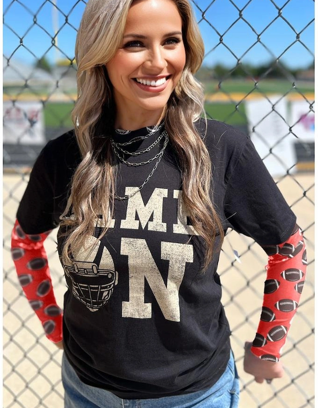 Red Game Day Rugby Mesh Sheer Long Sleeve Top