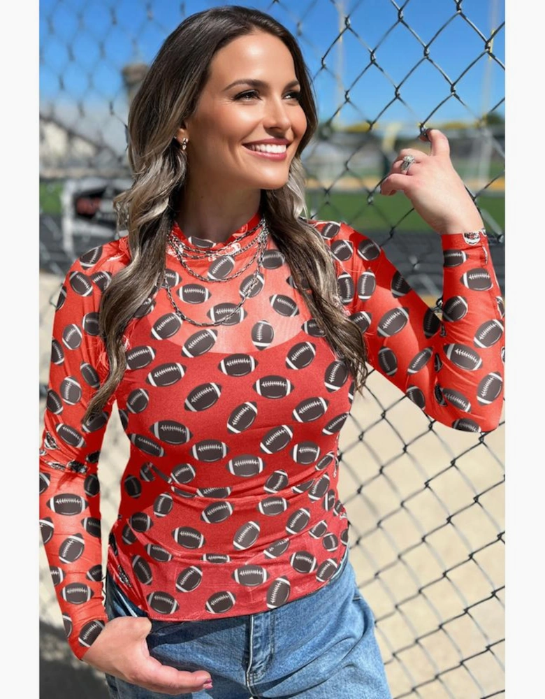 Red Game Day Rugby Mesh Sheer Long Sleeve Top