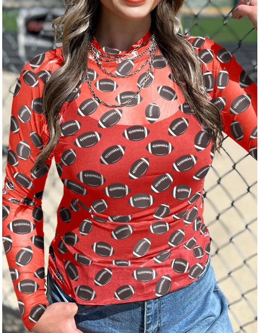 Red Game Day Rugby Mesh Sheer Long Sleeve Top
