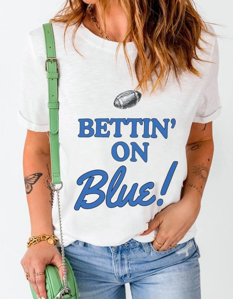 White Rugby Football BETTIN ON Blue Graphic Crewneck T Shirt