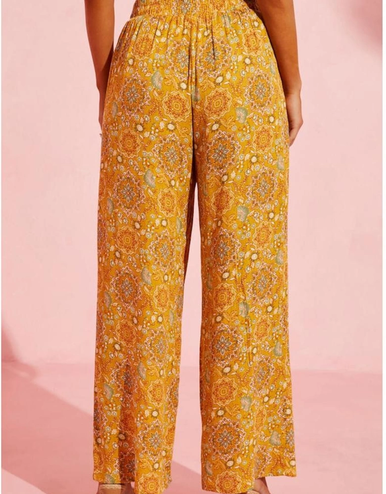 Yellow Bohemian Floral Print Pocketed Wide Leg Pants