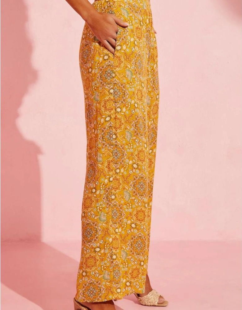 Yellow Bohemian Floral Print Pocketed Wide Leg Pants