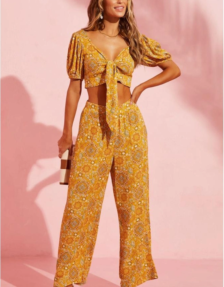 Yellow Bohemian Floral Print Pocketed Wide Leg Pants