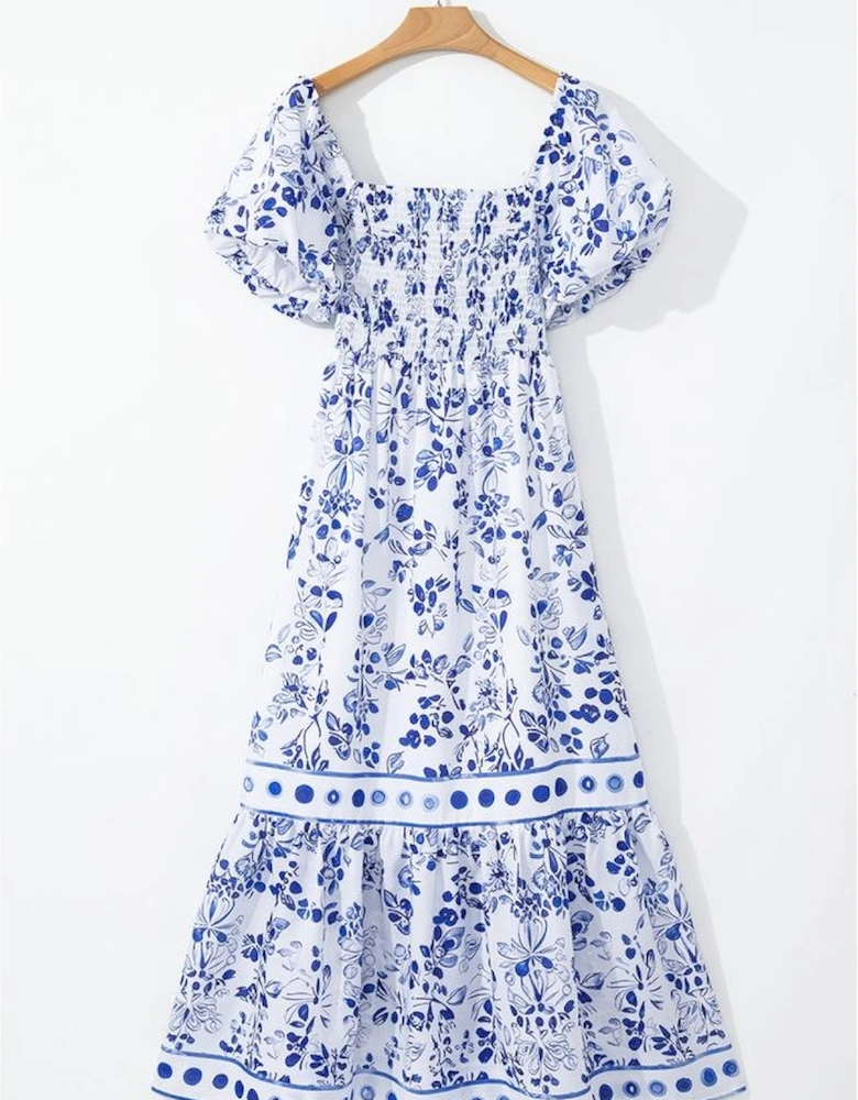 Sky Blue Floral Print Square Neck Bubble Sleeve High Waist Maxi Dress