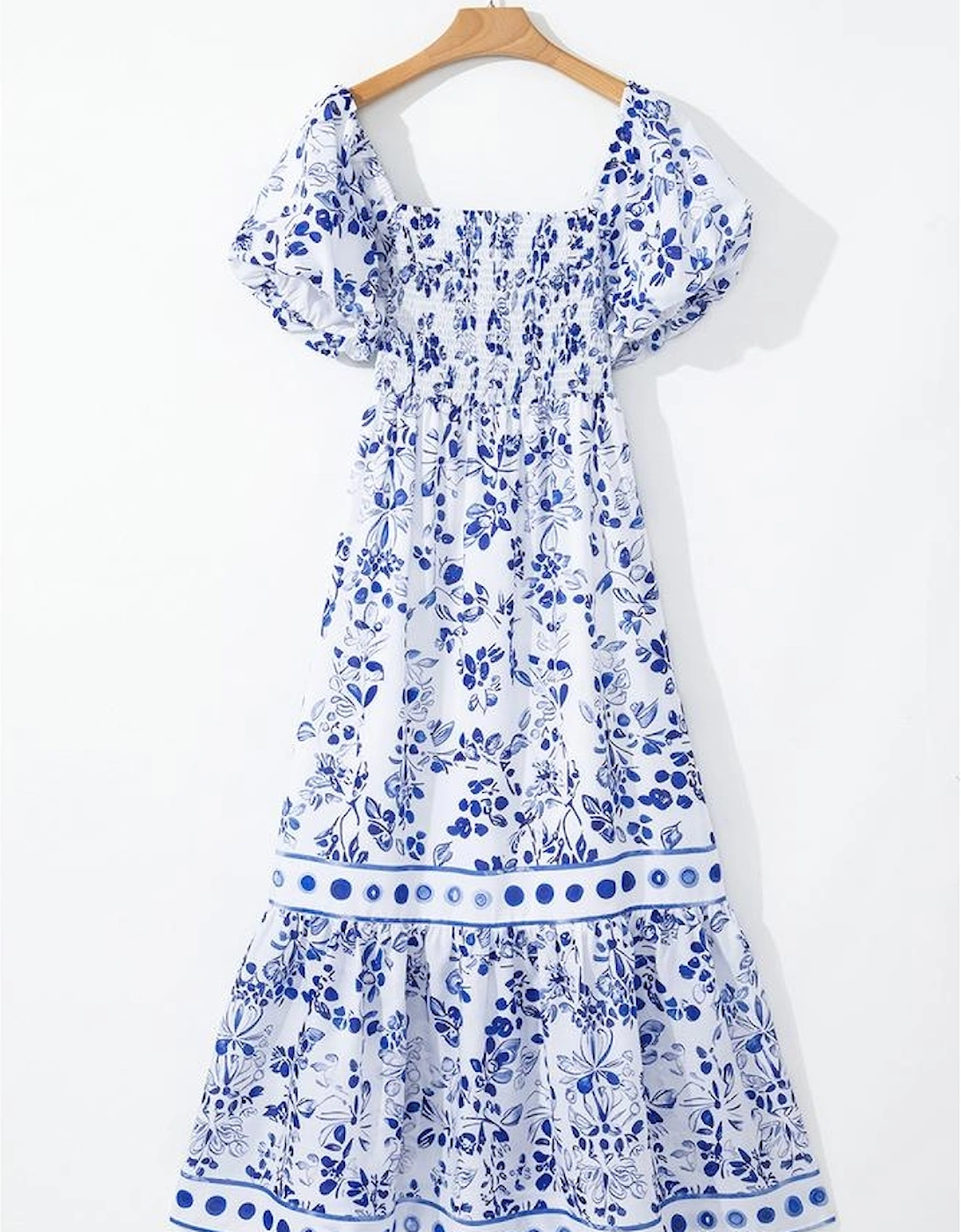 Sky Blue Floral Print Square Neck Bubble Sleeve High Waist Maxi Dress