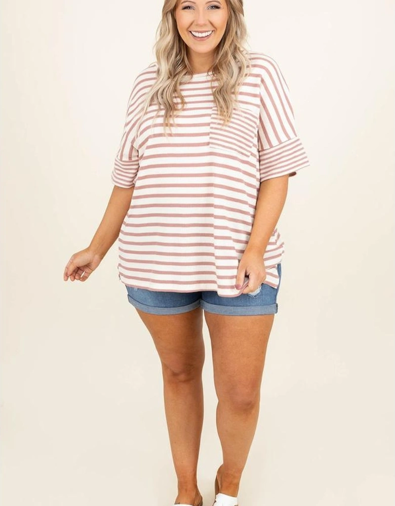 Pink Stripe Waffle Knit Pocketed Half Sleeve Plus Size T Shirt