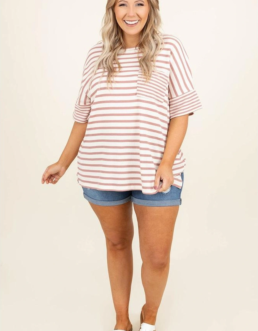 Pink Stripe Waffle Knit Pocketed Half Sleeve Plus Size T Shirt